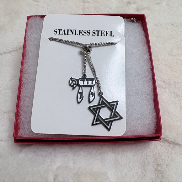 Stainless Steel Star of David and Chai Bolo Necklace in Gold or Silver - Picture 2 of 5